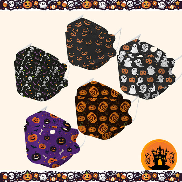 Two black KF94 Halloween masks with a pattern of dancing skeletons, purple bones, bats, and candy corn.