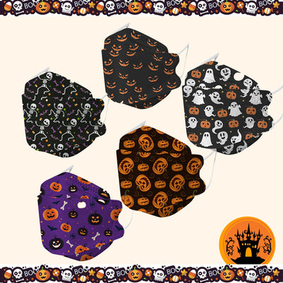 Two black KF94 Halloween masks with a pattern of dancing skeletons, purple bones, bats, and candy corn.