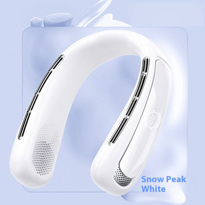 Light blue U-shaped neck fan with a digital display showing 100% charge and multiple air vents. - Image 8