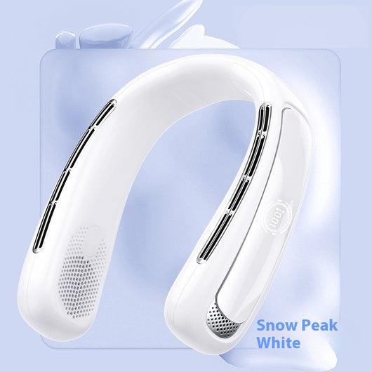 Light blue U-shaped neck fan with a digital display showing 100% charge and multiple air vents. - Image 8
