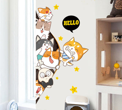 Cartoon cat wall sticker featuring multiple playful cats, one reaching for a fish, with "I LOVE FISH" text. - Image 45