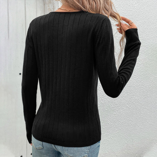 Suéter Negro Mujer Cuello V Rayas Hundidas Estilo Europeo Americano - Image 4