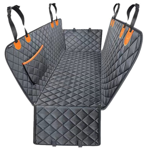 Black quilted pet car seat cover with adjustable straps and side flaps, shown with water droplets on the fabric. - Image 5