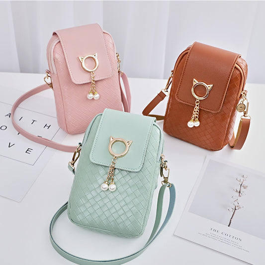 Bolsa Bandolera Tejida para Celular con Borla de Perlas