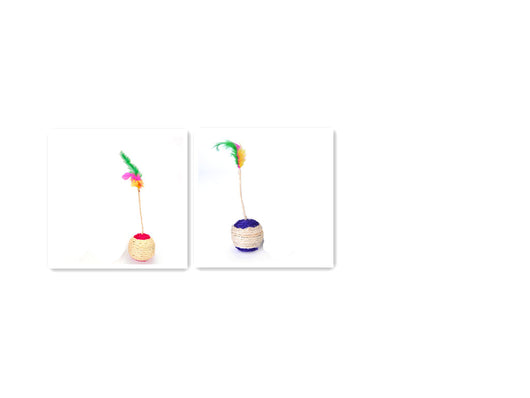 Two sisal shuttlecock cat toys with colorful feathers, one with a red base and the other with a blue base. - Image 8