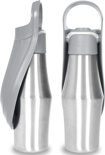 Portable pet water bottle with a stainless steel body and a gray silicone leaf-design drinking bowl and handle. - Image 4