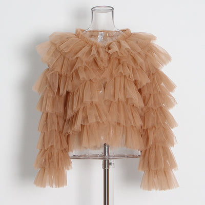 Blusa Mesh de Manga Larga con Cuello Redondo y Volantes Personalizables para Mujer - Image 9