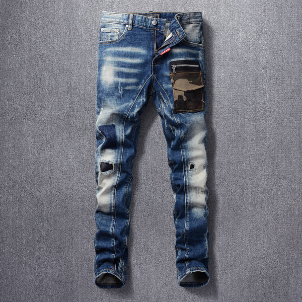 Jeans Slim Vintage Rotos con Parches para Hombre