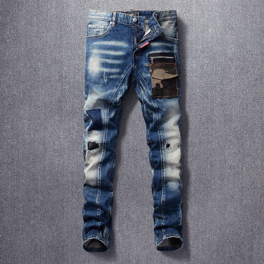 Jeans Slim Vintage Rotos con Parches para Hombre