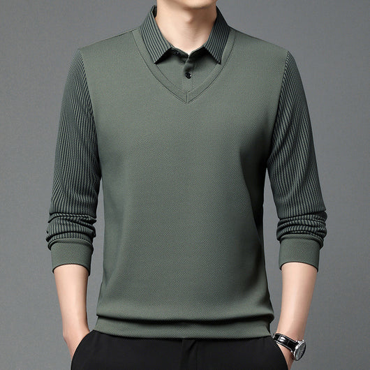 Playera Casual de Negocios con Efecto Dos Piezas y Mangas Rayadas - Image 2