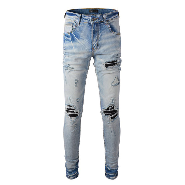 Jeans Slim Fit Azul Claro con Roturas y Parches para Hombre