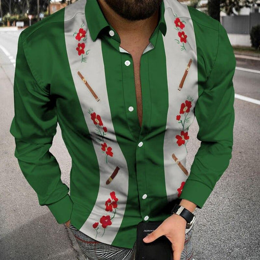 Camisa Casual de Manga Larga con Estampado 3D y Rayas