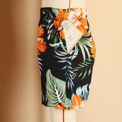 Family matching Hawaiian outfits: men's shirt and shorts, women's off-shoulder maxi dress, girl's dress, boy's shirt and shorts, all with black, orange hibiscus - Image 4