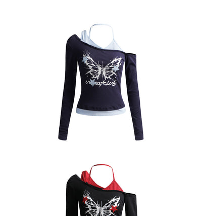 Blusa Halter Asimétrica con Patchwork y Manga Larga - Image 11