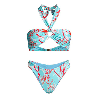 Women's light blue bikini with red coral print, featuring a halter top, high-cut bottom, and matching sarong. - Image 3