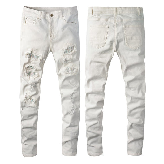 Pantalones Slim Fit Blancos con Detalles de Perforaciones para Hombre - Image 8