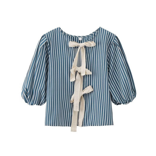 Blusa Rayada con Moño y Cordones - Estilo Europeo y Americano