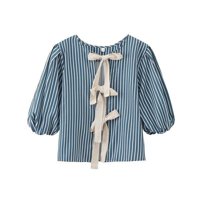 Blusa Rayada con Moño y Cordones - Estilo Europeo y Americano