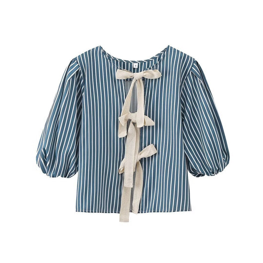 Blusa Rayada con Moño y Cordones - Estilo Europeo y Americano