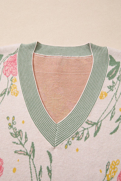 Suéter Holgado con Escote en V, Rayas y Estampado Floral - Image 15