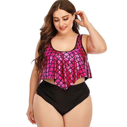 Traje de Baño Talla Grande con Estampado de Escamas, Cintura Alta y Escote Hoja de Loto - Image 7