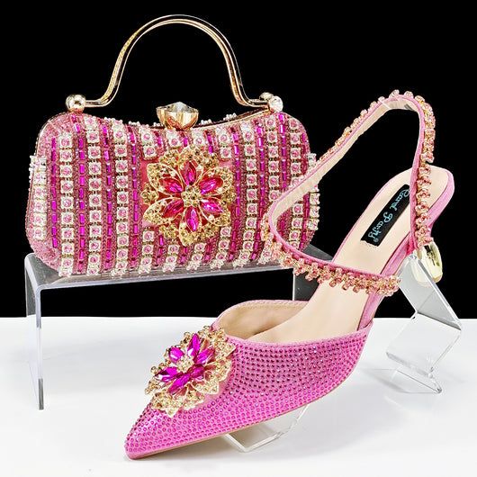 Conjunto de Zapatos y Bolso para Mujer con Cadena de Cristales y Broche Floral - Image 8