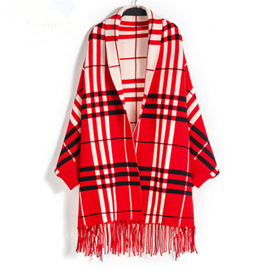 Cardigan Cuadros Tejido Mujer con Flecos - Abrigo Chal Largo - Image 9