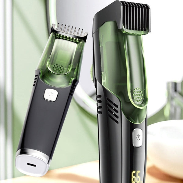 Rechargeable black and blue hair clipper kit with two guide combs, cleaning brush, USB cable, and black storage pouch.