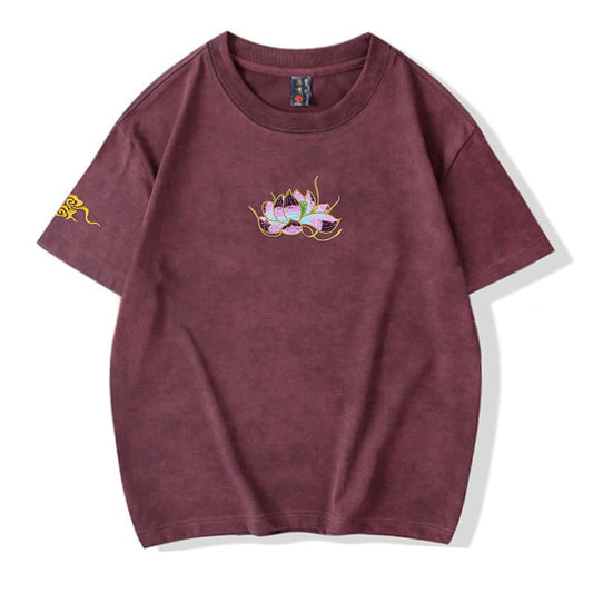 Playera Teñida a Mano con Bordado de Loto Lavado Artesanal