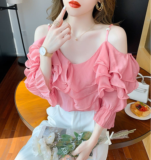Blusa Chiffon Hombros Descubiertos con Volantes para Mujer - Image 13