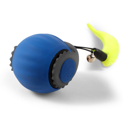 Blue and grey automatic cat toy ball with a yellow feather-like attachment and a small silver bell. - Image 7
