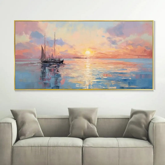 Cuadro Abstracto Moderno Atardecer sobre el Mar - Lienzo Óleo Hecho a Mano para Sala de Estar - Image 2