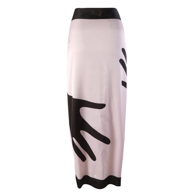 Women's light pink one-piece bikini with black handprint pattern and matching tie-waist sarong. - Image 11