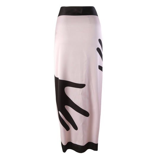 Women's light pink one-piece bikini with black handprint pattern and matching tie-waist sarong. - Image 11