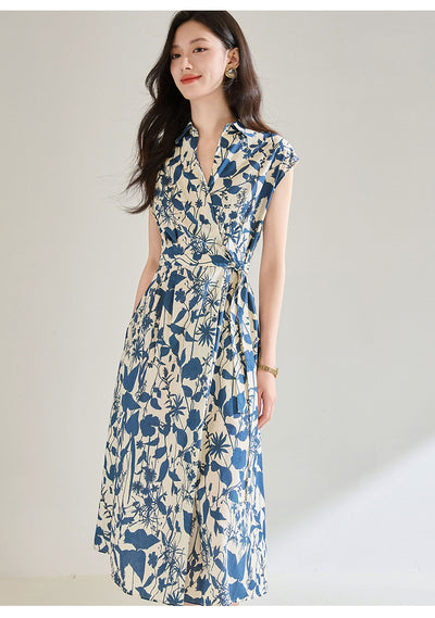 Vestido Camisero Ajustado Estampado Azul y Blanco - Image 13