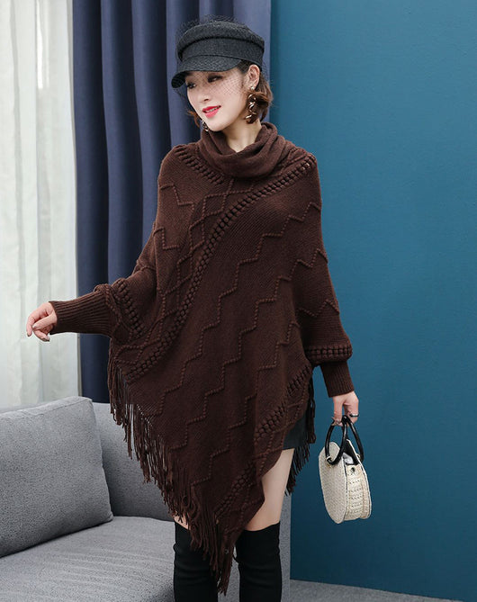 Poncho Tejido Cuello Alto con Flecos - Abrigo Cálido para Otoño e Invierno - Image 6