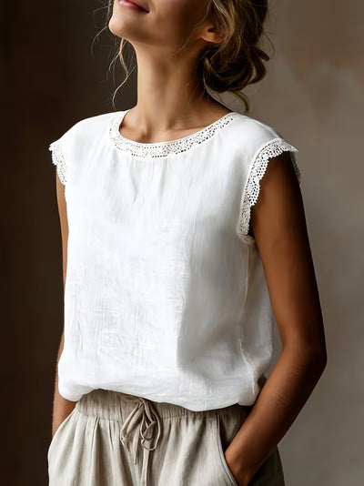 Blusa Suelta de Lino y Algodón sin Mangas con Encaje - Image 11