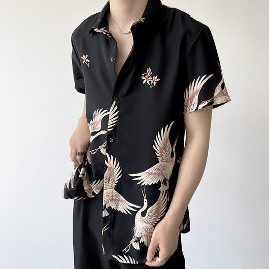 Camisa Retro Estilo Chino con Grúa para Hombre - Manga Corta Verano - Image 3