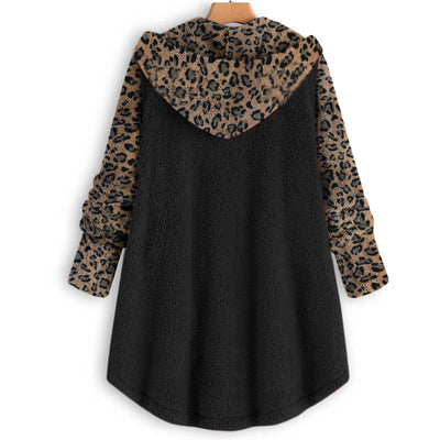 Abrigo Largo con Capucha y Empalme de Leopardo en Felpa para Mujer - Image 14