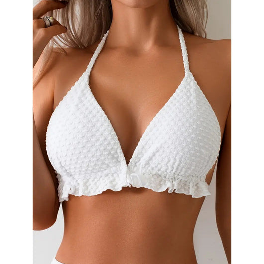 White polka dot three-piece swimsuit for women, featuring a halter bikini top with ruffled trim and matching high-waisted shorts. - Image 5