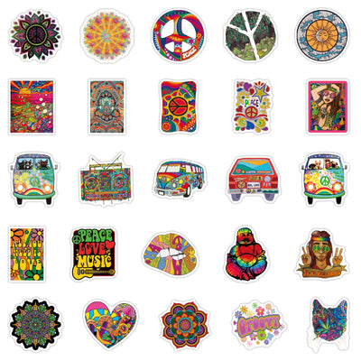 A hand holds a vibrant, tie-dye butterfly sticker with a black outline, against a blurred background of many other colorful, hippie-style stickers. - Image 11