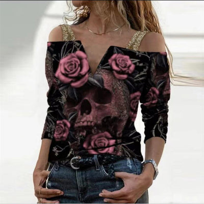 Blusa Suelta Estampada con Cuello V y Hombro Descubierto - Image 7