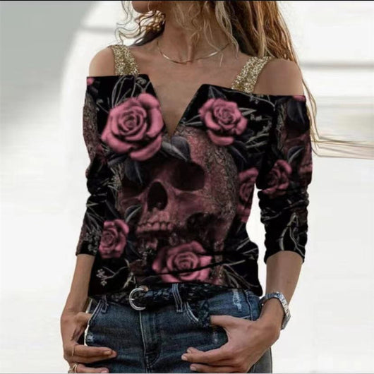 Blusa Suelta Estampada con Cuello V y Hombro Descubierto - Image 7