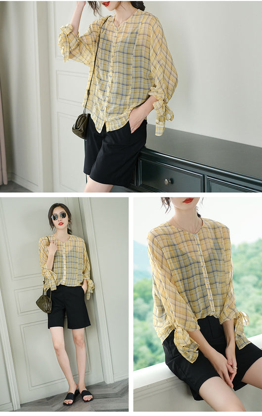 Blusa de Cuadros para Mujer con Mangas 3/4 y Cuello Redondo en Chifón - Image 5
