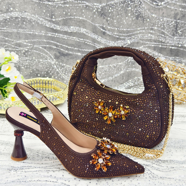 Zapatos de Tacón Alto Punta Fina con Flores de Cristales y Bolso Juego Suave