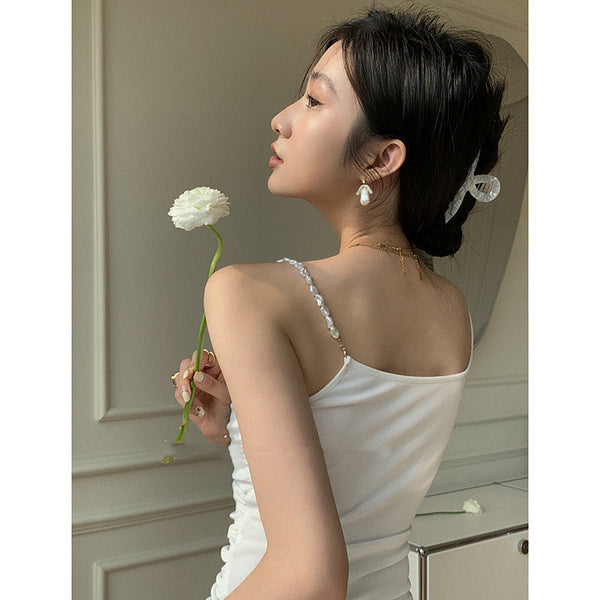 Vestido Camisero Plisado con Perlas y Tirantes Finos - Estilo Coreano