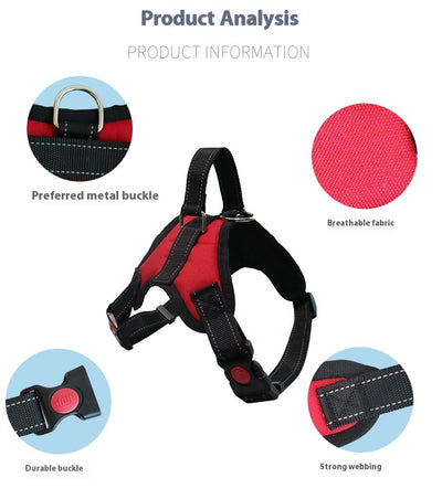 Blue and black pet harness with reflective stitching, a top handle, and red quick-release buckles. - Image 24