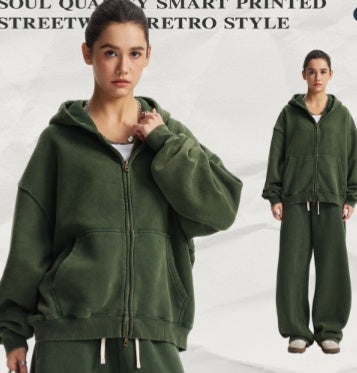 Men's pink washed full-zip hooded jacket and matching sweatpants set, featuring a relaxed fit and drawstring details. - Image 9