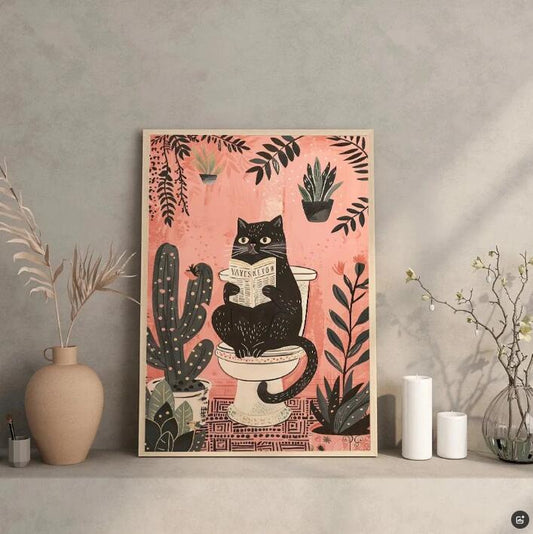 Cuadro Decorativo Gato Negro Leyendo para Baño - Lienzo Impreso