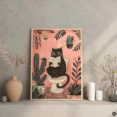 Cuadro Decorativo Gato Negro Leyendo para Baño - Lienzo Impreso